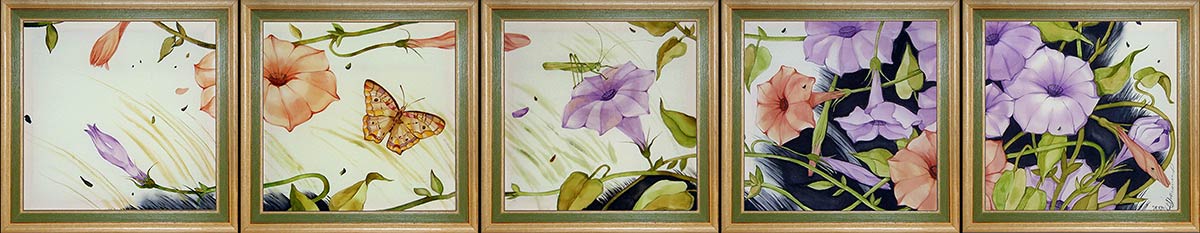 Silk painting series with flowers and buterflies